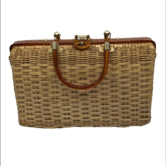 Vintage Handbags - Vintage Patti Originals Wicker Woven Tortoiseshell Basket Bag